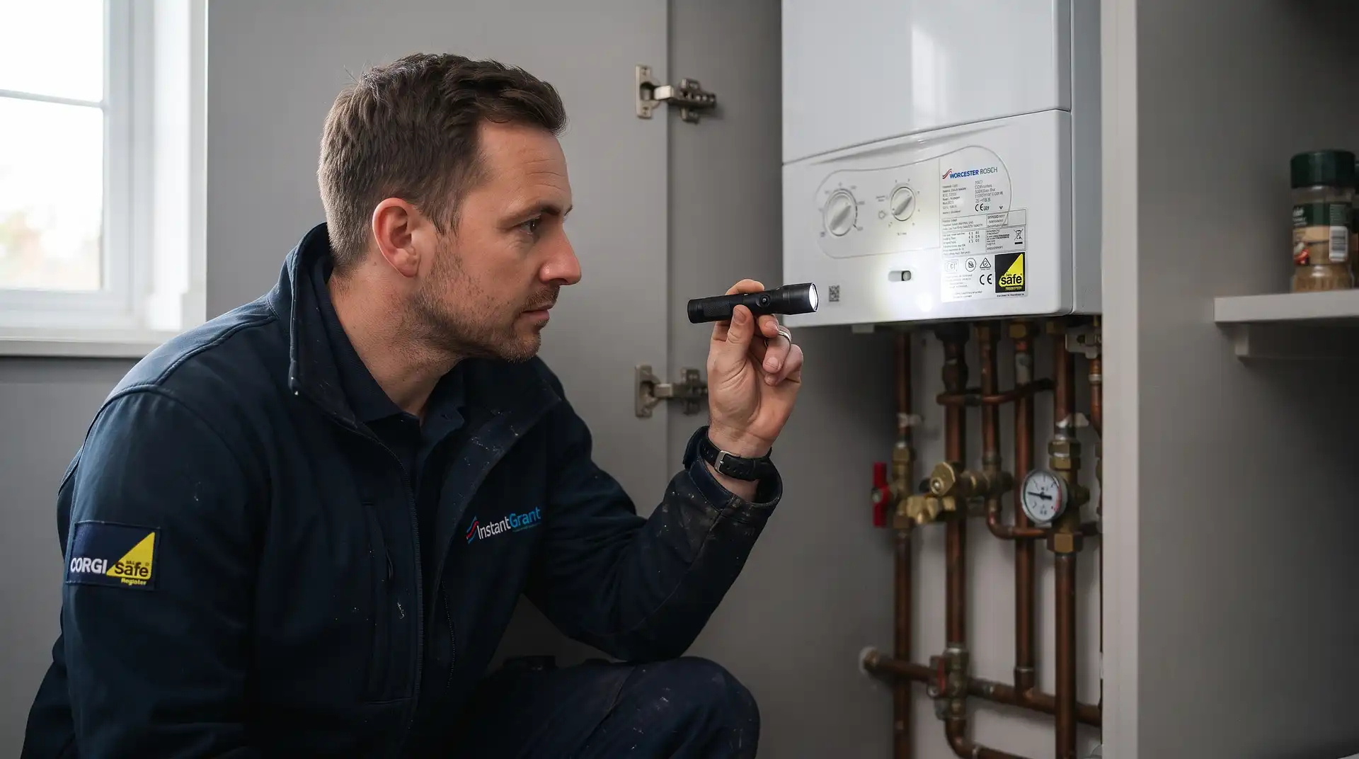Heating engineer checking a combi boiler data plate in a modern UK apartment kitchen