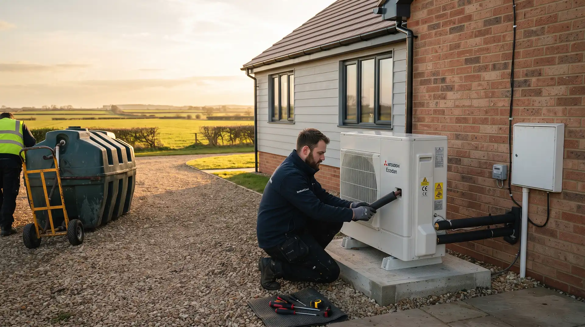 Installer checking a new air source heat pump that replaced oil heating at a rural bungalow